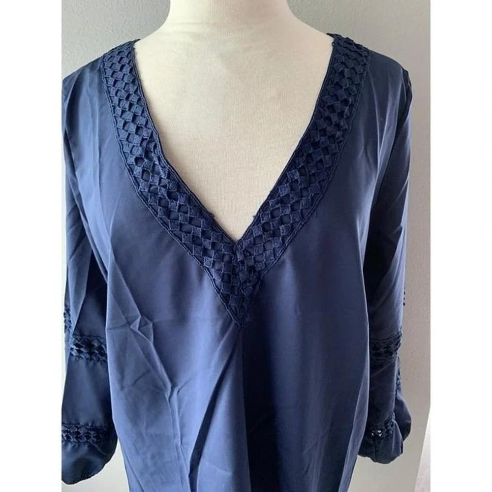 Navy Blue Crochet Lace V-Neck Long Sleeve Blouse Boho Top XL - Picture 4 of 8